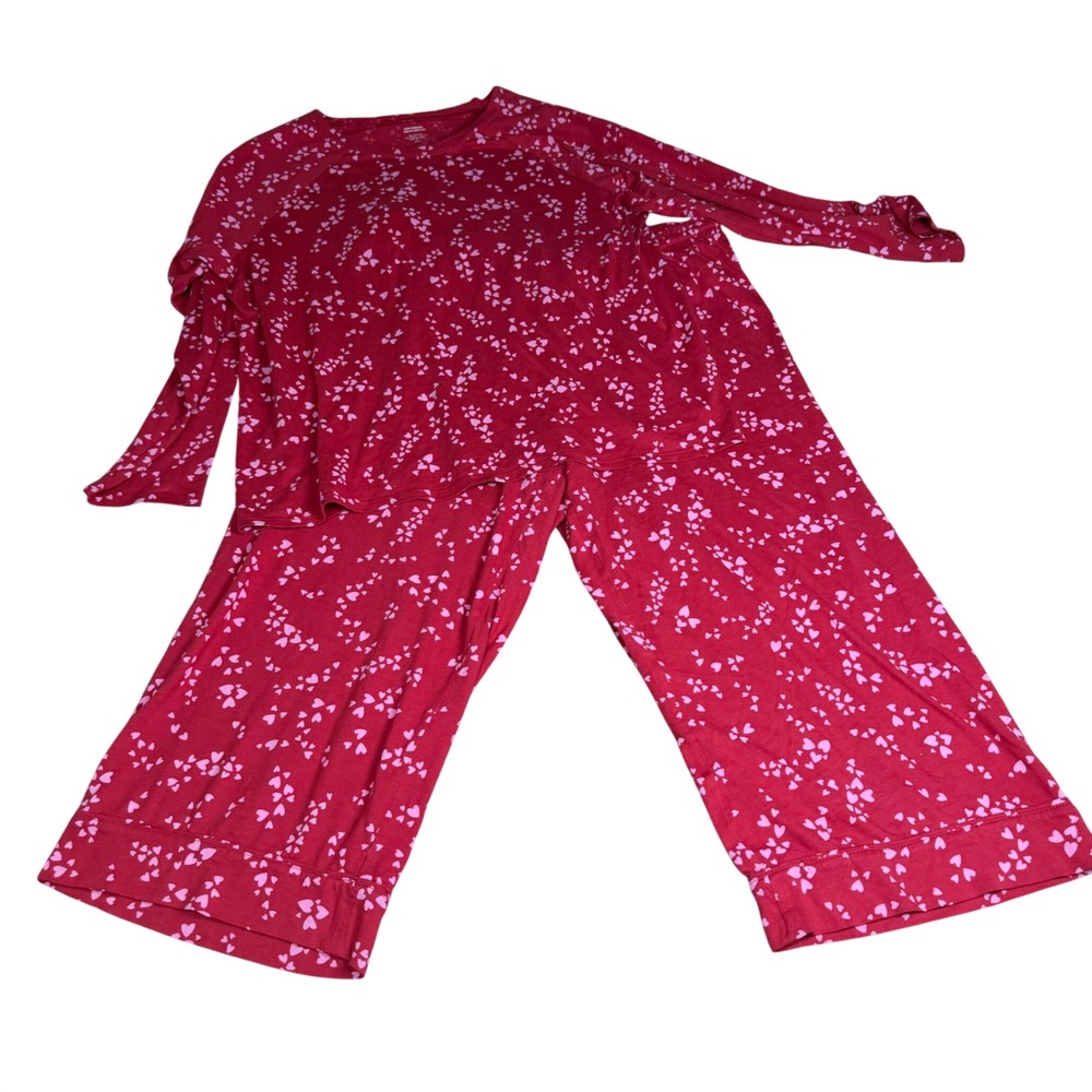 J. Jill Sleep Ultrasoft Heart Print Pajama Set Red Pink Petite M Raglan Crop